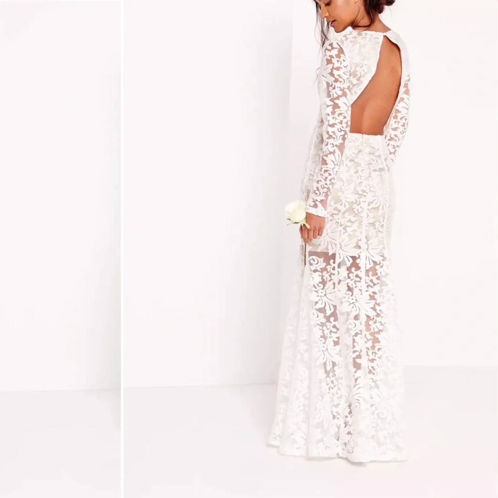 Missguided bridal white long sleeve open back long - Picture 1 of 8